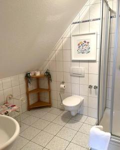 a bathroom with a toilet and a shower and a sink at Restaurant San Marco in Ammerndorf