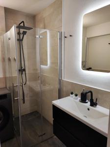 a bathroom with a sink and a glass shower at van Art Stucky in Bayreuth +18 photos