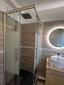 a bathroom with a shower and a sink at Appartement proche Disneyland in Coulommiers