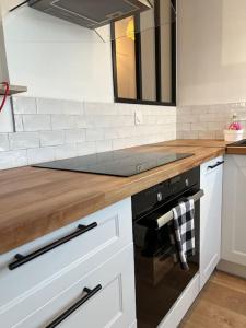 a kitchen with a counter top and a stove top oven at Appartement proche Disneyland in Coulommiers