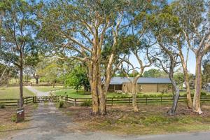 a fence and trees with a building in the background at Fentons Run High Range in Joadja Creek