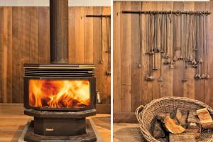 two pictures of a fireplace and a basket of wood at Fentons Run High Range in Joadja Creek