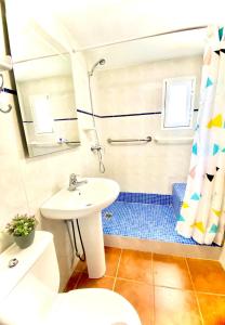 La salle de bains est pourvue d'un lavabo, de toilettes et d'une douche. dans l'établissement Casa Rural Manantial de las Jaras, à Istán