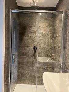 une douche avec une porte en verre à côté d'un lavabo dans l'établissement Silver Dream, à Southend-on-Sea