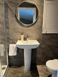 a bathroom with a sink and a mirror at Silver Dream in Southend-on-Sea