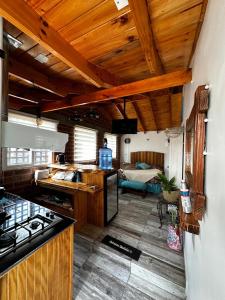 Apartament obejmuje kuchnię z drewnianymi sufitami i salon. w obiekcie Loft para 2 en concón w mieście Concón