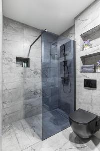 W łazience znajduje się prysznic i czarna toaleta. w obiekcie Luxury room Ekstaza w mieście Solin