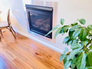 a fireplace in a living room with a chair and a plant at Classic Meets Modern in Central Wagga in Wagga Wagga