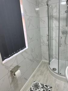 uma casa de banho com um chuveiro e uma porta de vidro em Regent 28 em Coventry