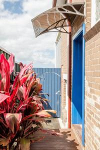 a blue door on a building with a plant at Sky Home - Two Bedroom Loft Townhouse with Bay Views in Sydney