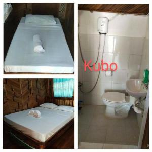 - deux photos d'une salle de bains avec un lit et des toilettes dans l'établissement JMJ/GOD THE FATHER HOME STAY, à Caridad