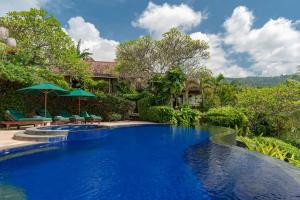 a pool with chairs and umbrellas next to a house at Alamanda Lovina Resort in Lovina