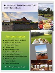 ein Flyer für ein Hotel mit Bildern von Essen in der Unterkunft BUYAN LODGE lake view villa in Bedugul