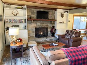 a living room with a couch and a fireplace at Pet friendly cabin on 5 Acres near Boone & parkway in Triplett