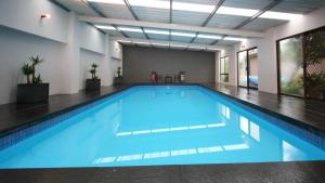 a large swimming pool with blue water in a building at Rivernook in Johanna