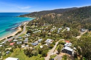 an aerial view of a beach with houses and the ocean at The Cube in Wye River