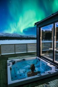 a person in a hot tub under the northern lights at Flatmoen Natur Lodge in Alta