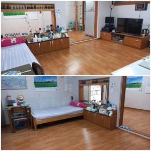a room with a bed and a room with a table at Hakdong Hanok Pension in Gangneung