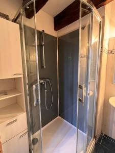 eine Dusche mit Glastür im Bad in der Unterkunft Nature et calme in La Chapelle-Saint-Sauveur