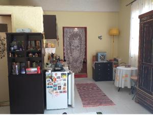 een keuken met een koelkast en een tafel in een kamer bij Cute home Zaros in Zarós