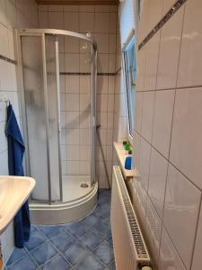 a bathroom with a shower and a sink at Schönes Doppelzimmer mit Küche und Badezimmer in Elgersburg