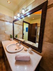 uma casa de banho com um lavatório e um espelho grande em Villa Aitheras em Stérnai