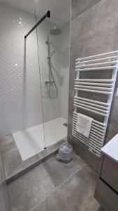 baño con ducha y puerta de cristal en Hôtel Restaurant Le Lion d'Or, en Gémozac