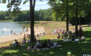 a group of people sitting on the grass at a beach at Vakantieverhuur Noordwolde in Noordwolde
