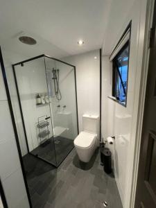 La salle de bains est pourvue d'une douche en verre et de toilettes. dans l'établissement The mini New-Yorker, à Sydney