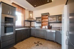a kitchen with stainless steel appliances and gray cabinets at Vámosi Party Ház in Vámosszabadi