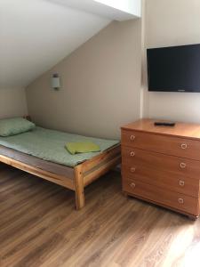 1 dormitorio con 1 cama y vestidor con TV de pantalla plana en Piątka noclegi- Łódź en Lodz