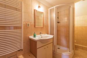 y baño con lavabo y ducha. en Penzion Vinicky dvůr, en Kaplice