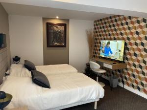 pokój hotelowy z dwoma łóżkami i telewizorem w obiekcie Villa Kiara Hébergements w mieście Cusset