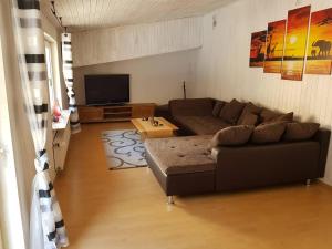Zur alten Wagnerei في Rumbach: غرفة معيشة مع أريكة وتلفزيون بشاشة مسطحة