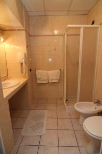 a bathroom with a shower and a toilet and a sink at Hotel Esperia in Sanremo