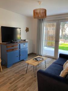 een woonkamer met een blauwe bank en een flatscreen-tv bij Résidence Domaine de Lumière in Saint-Jean-de-Monts