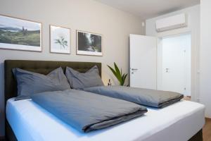 ein Schlafzimmer mit zwei blauen Kissen auf einem Bett in der Unterkunft MH Living - 39 - Scandinavian Living Dream in Center in Graz