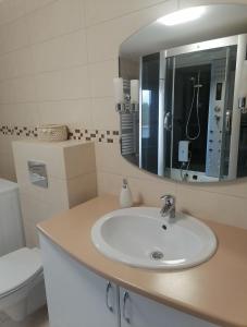 a bathroom with a sink and a toilet and a mirror at Apartament Wschód Słońca Olecko in Olecko