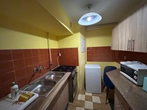 a small kitchen with a sink and a microwave at Apartament Mickiewicza in Gdańsk