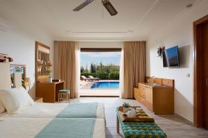 a bedroom with a bed and a tv and a pool at Aldemar Olympian Village in Olympia