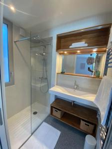 W łazience znajduje się umywalka i przeszklony prysznic. w obiekcie ETXE LAUA w mieście Saint-Jean-de-Luz