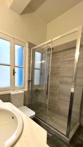 a bathroom with a shower and a toilet and a sink at Aeginia 2 in Perdika