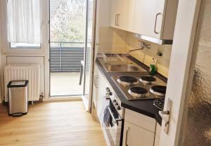 uma pequena cozinha com um lavatório e um fogão em City-Apartment Heidelberg em Eppelheim
