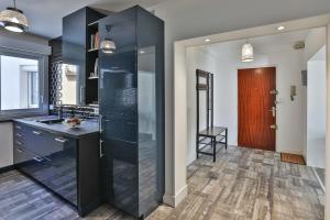 a kitchen with black cabinets and a wooden door at Bel appartement à 100m de la plage in Les Sables-d'Olonne