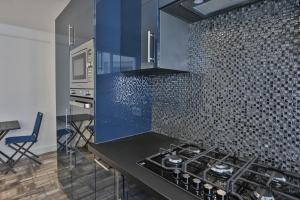 a kitchen with a stove and a blue wall at Bel appartement à 100m de la plage in Les Sables-d'Olonne