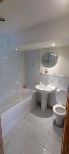 a bathroom with a toilet and a sink and a shower at Rosebank Lodge in High Bentham +9 photos