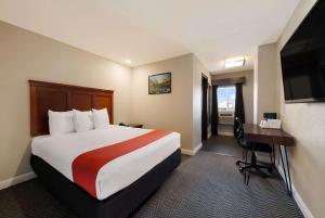 a hotel room with a large bed and a desk at Rodeway Inn South San Francisco Airport in South San Francisco