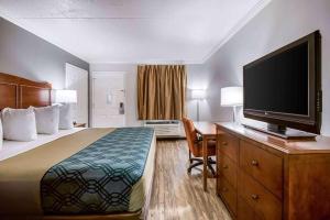Cette chambre comprend un lit et une télévision à écran plat. dans l'établissement Travelodge by Wyndham Canton-Livonia Area, MI, à Canton