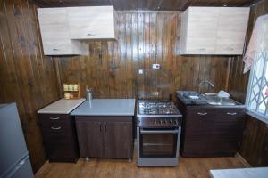 uma cozinha com um fogão, um lavatório e paredes de madeira em Эко-дом в горах em Ch'aisubani