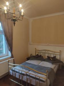um quarto com uma cama e um lustre em Parkvilla Köhler em Zella-Mehlis